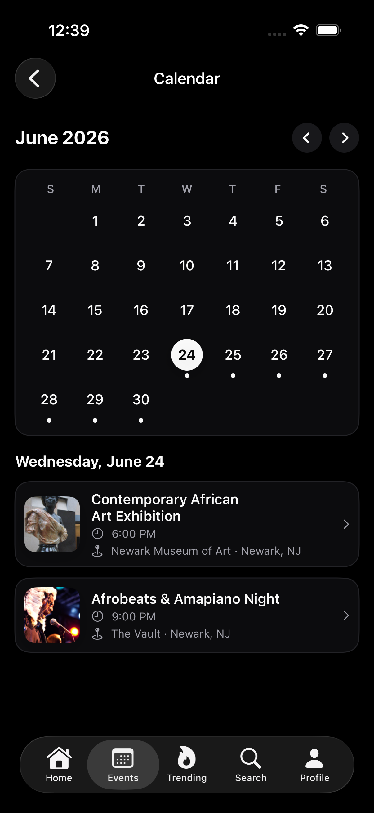Nzonza Connect calendar view of upcoming events