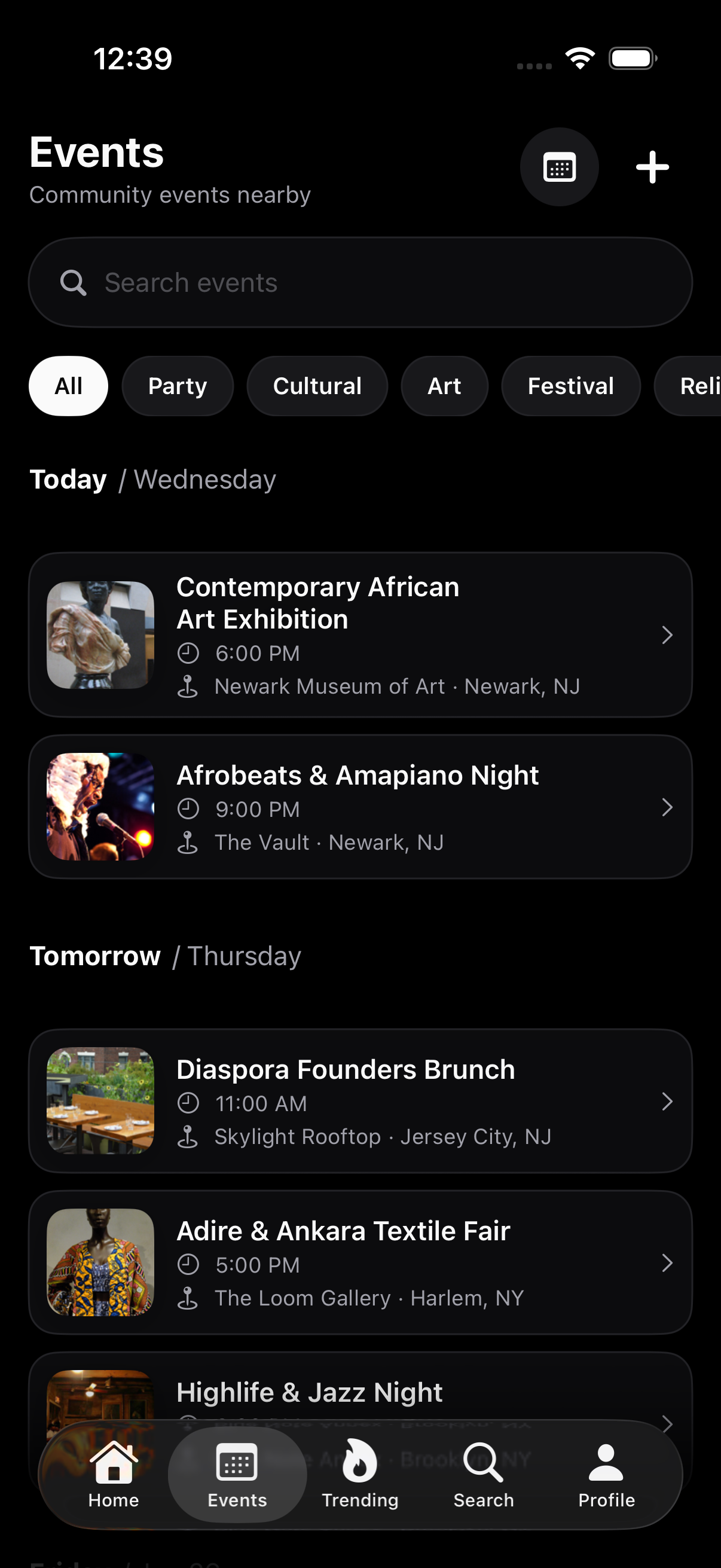 Nzonza Connect events list showing cultural gatherings