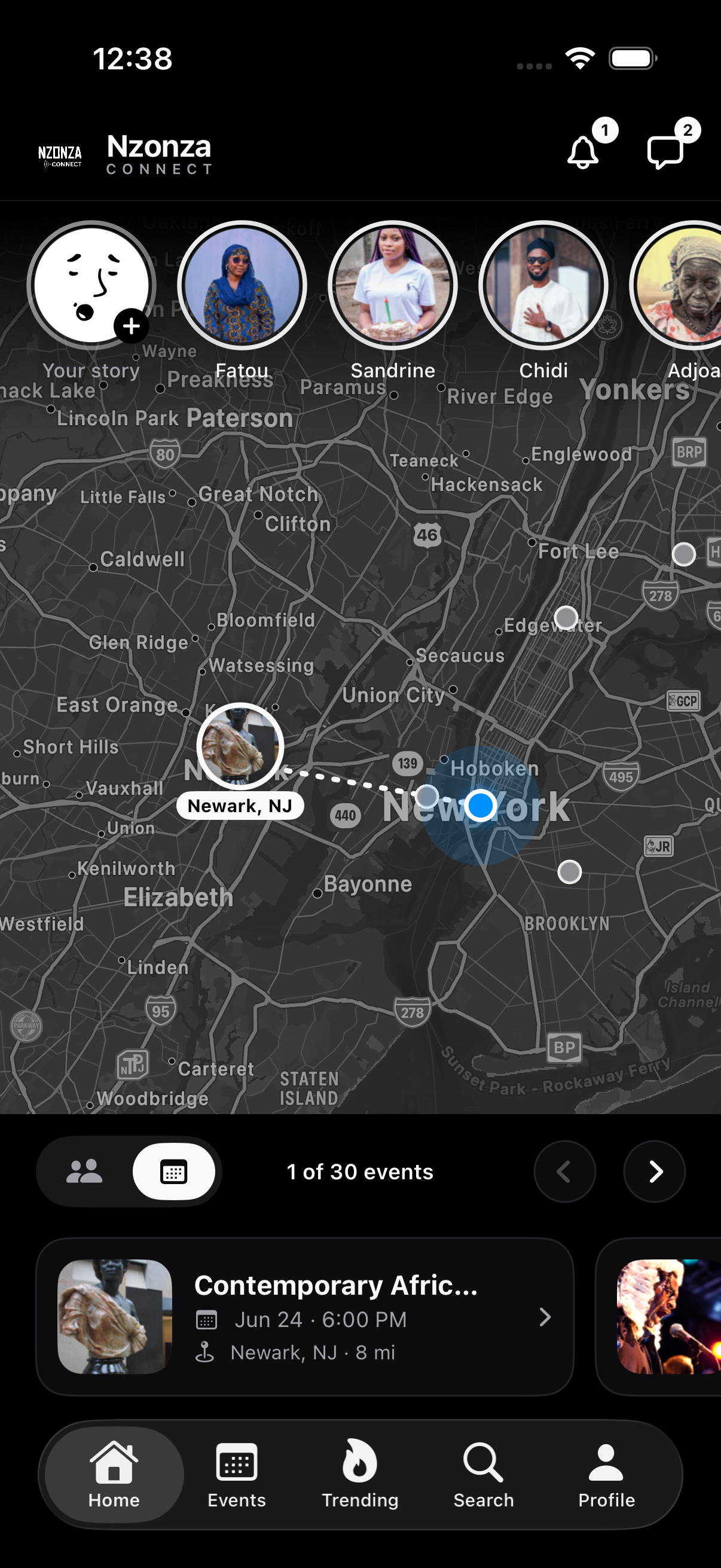 Nzonza Connect home screen showing a live map of members and events nearby