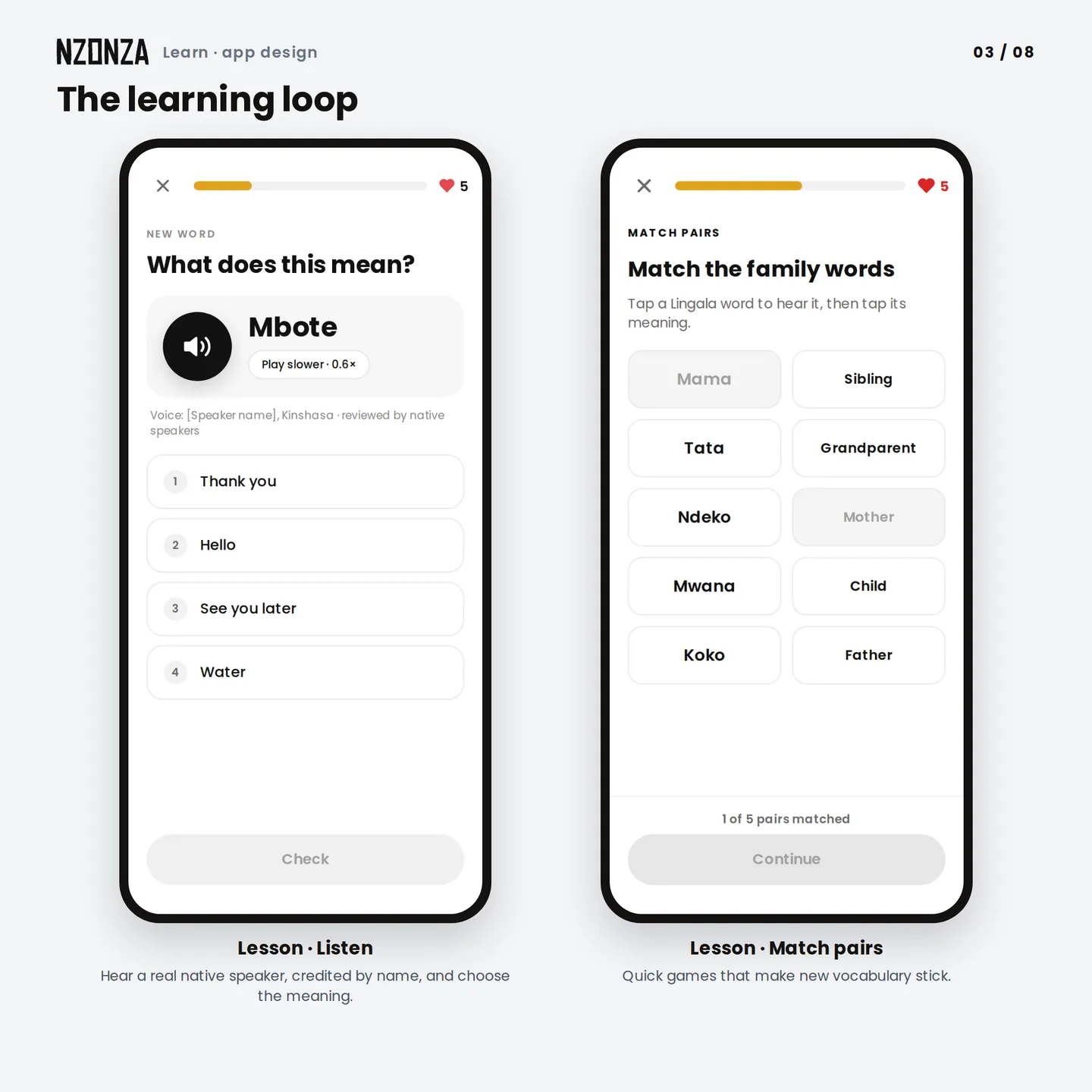 A lesson: hearing a word recorded by a credited native speaker and choosing its meaning, and a game matching Lingala family words to their translations.